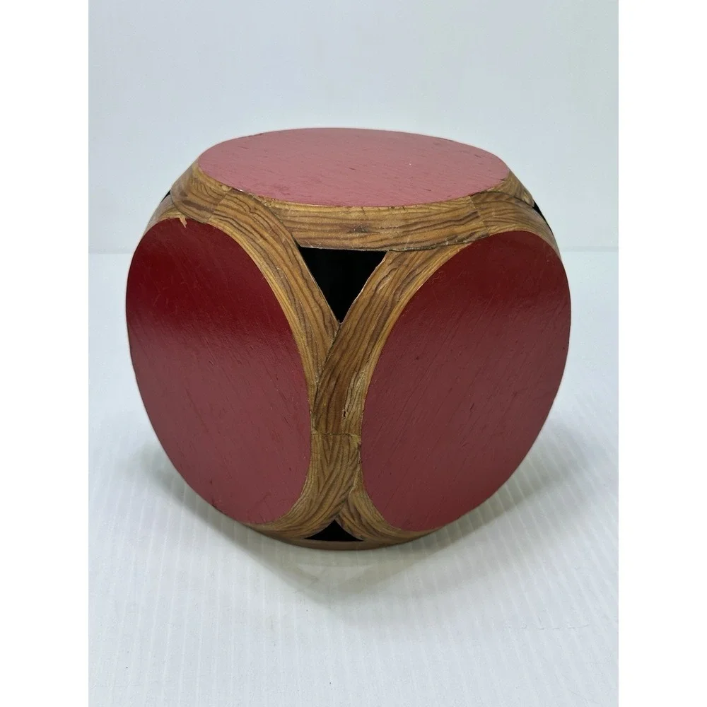 Vintage Handmade Red Wood Display Cube Made Of Circles Stand Riser 6